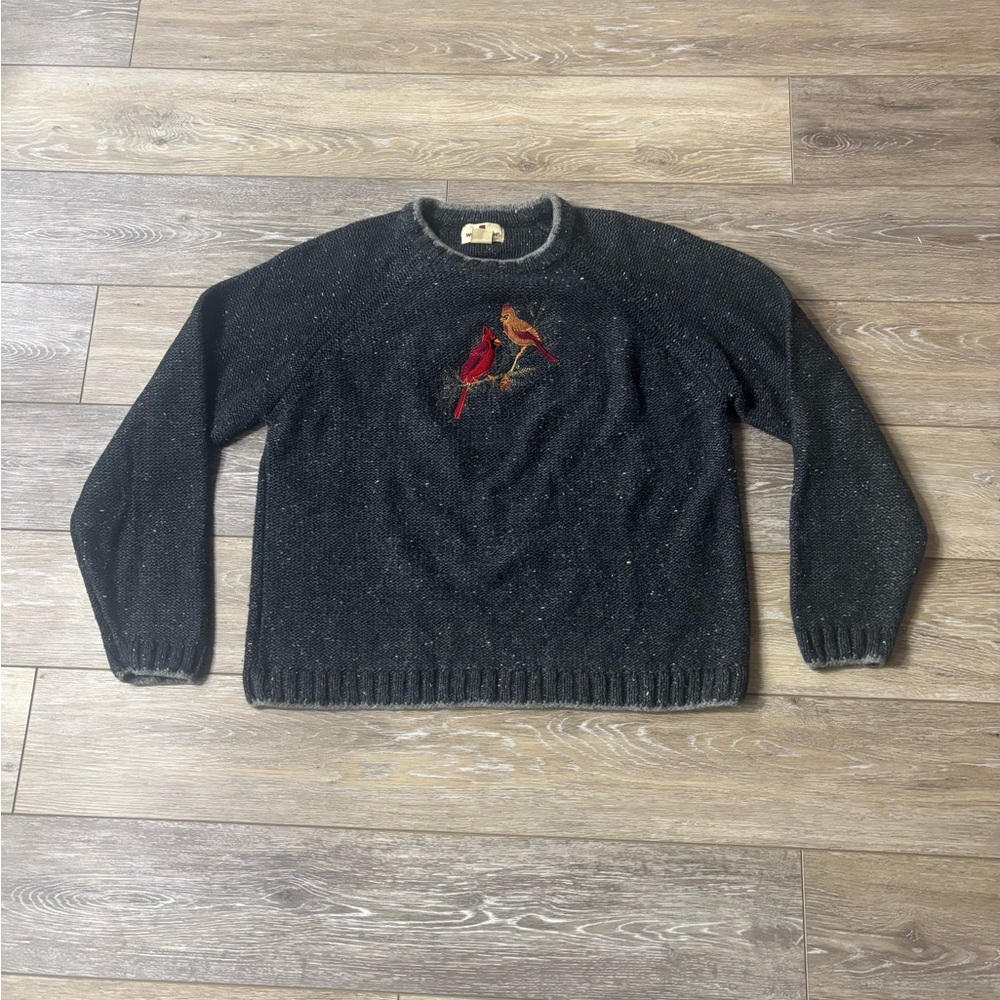 Woolrich Sweater Sz L Gray Mottled Bird Cardinals Wool Blend Cozy Grandmacore